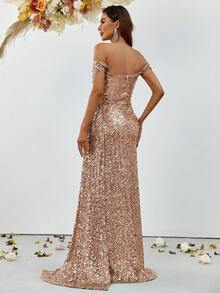Off Shoulder Split Thigh Sequin Formal Dress Elegant Prom Evening Wedding Guest Gown, For Graduation, Dinner Party Dress - Champagne - View 2