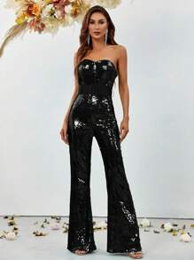 Solid Sequin Tube Party Jumpsuit - Black - View 1