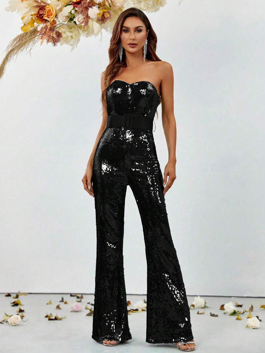 Solid Sequin Tube Party Jumpsuit - Black - View 1