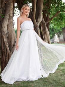 Contrast Mesh Tube Wedding Dress - White - View 1
