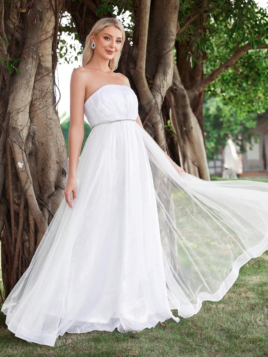 Contrast Mesh Tube Wedding Dress - White - View 1