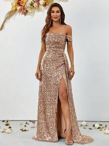 Off Shoulder Split Thigh Sequin Formal Dress Elegant Prom Evening Wedding Guest Gown, For Graduation, Dinner Party Dress - Champagne - View 6