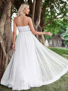 Contrast Mesh Tube Wedding Dress - White - View 2
