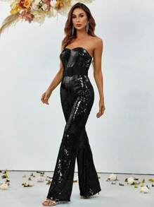 Solid Sequin Tube Party Jumpsuit - Black - View 5