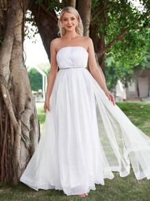 Contrast Mesh Tube Wedding Dress - White - View 3