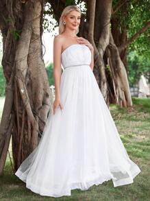 Contrast Mesh Tube Wedding Dress - White - View 5