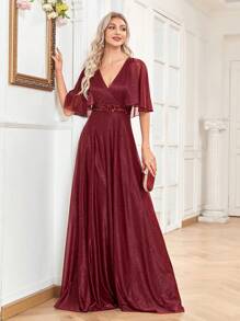 XUIBOL Vestido Glamoroso Feminino com Decote Cruzado e Mangas Borboleta com Lantejoulas - Vinho - Visão 2