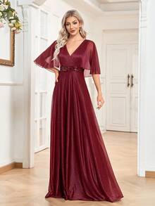 XUIBOL Vestido Glamoroso Feminino com Decote Cruzado e Mangas Borboleta com Lantejoulas - Vinho - Visão 5
