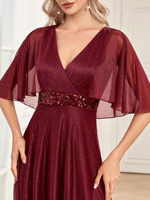 XUIBOL Vestido Glamoroso Feminino com Decote Cruzado e Mangas Borboleta com Lantejoulas - Vinho - Visão 7