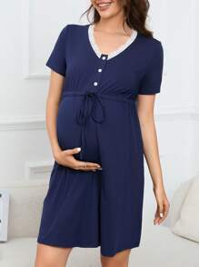 SHEIN Thai sản Trang trí ren Eo dây rút Nút phía trước Váy ngủ - Màu xanh hải quân - Xem 1