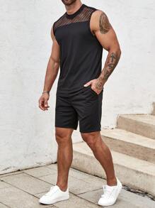 Manfinity AFTRDRK 男士拼接漁網背心上衣和短褲 - 黑色 - 查看 1