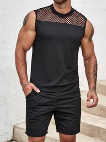 Manfinity AFTRDRK 男士拼接漁網背心上衣和短褲 - 黑色 - 查看 6