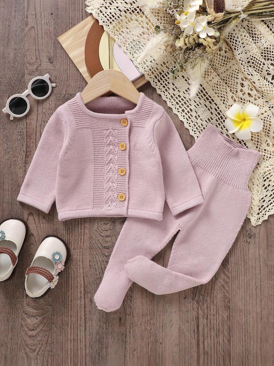 SHEIN Baby Girls' Cardigan & Footed Knit Pants Set