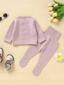 SHEIN Baby Girls' Cardigan & Footed Knit Pants Set