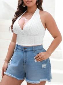 SHEIN VCAY Hơn Lỗ gắn thêu Không lưng Áo hai dây - trắng - Xem 3