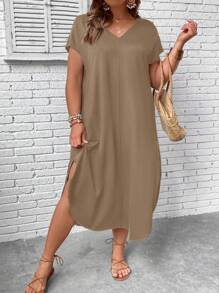SHEIN LUNE Hơn Chất rắn tay cánh Viền chia cắt Đầm - Màu Khaki - Xem 1