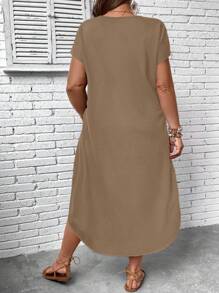 SHEIN LUNE Hơn Chất rắn tay cánh Viền chia cắt Đầm - Màu Khaki - Xem 2