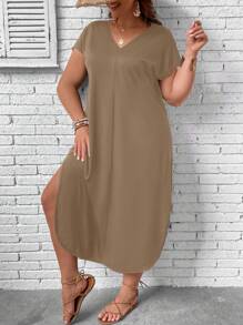 SHEIN LUNE Hơn Chất rắn tay cánh Viền chia cắt Đầm - Màu Khaki - Xem 3