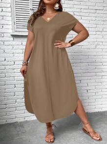 SHEIN LUNE Hơn Chất rắn tay cánh Viền chia cắt Đầm - Màu Khaki - Xem 5