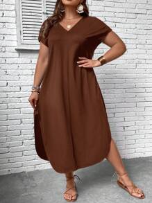 SHEIN LUNE 大碼素色蝙蝠袖下擺開叉洋裝 - 咖啡棕 - 查看 4
