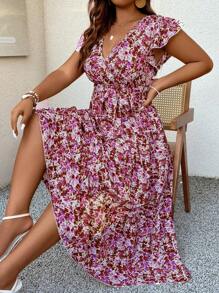 Breezaya Hơn Vải in hoa áo tay bướm Xù Hoa Sen Váy có thắt lưng - Nhiều màu - Xem 1