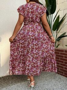 Breezaya Hơn Vải in hoa áo tay bướm Xù Hoa Sen Váy có thắt lưng - Nhiều màu - Xem 2