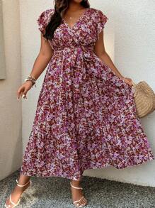 Breezaya Hơn Vải in hoa áo tay bướm Xù Hoa Sen Váy có thắt lưng - Nhiều màu - Xem 3