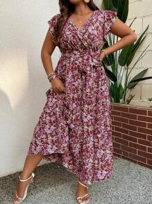 Breezaya Hơn Vải in hoa áo tay bướm Xù Hoa Sen Váy có thắt lưng - Nhiều màu - Xem 4