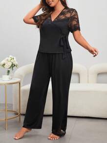 加大对比色蕾丝睡衣套装/睡衣套装 - 黑色 - 查看 4