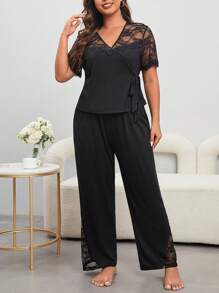 加大对比色蕾丝睡衣套装/睡衣套装 - 黑色 - 查看 6