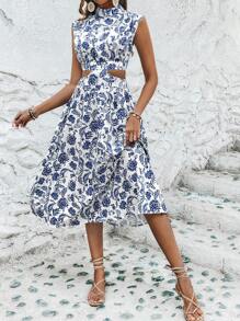 SHEIN VCAY 佩斯利印花腰部鏤空小高領洋裝 - 藍白色 - 查看 1