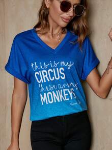 SHEIN LUNE Đồ họa Khẩu hiệu tay cánh Áo thun - Màu xanh lam - Xem 4