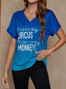 SHEIN LUNE Đồ họa Khẩu hiệu tay cánh Áo thun - Màu xanh lam - Xem 1