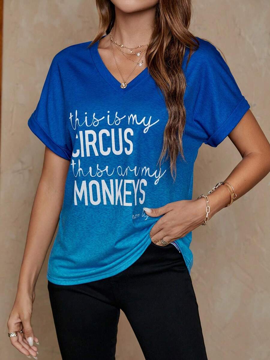 SHEIN LUNE Đồ họa Khẩu hiệu tay cánh Áo thun - Màu xanh lam - Xem 1