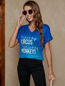 SHEIN LUNE Đồ họa Khẩu hiệu tay cánh Áo thun - Màu xanh lam - Xem 6