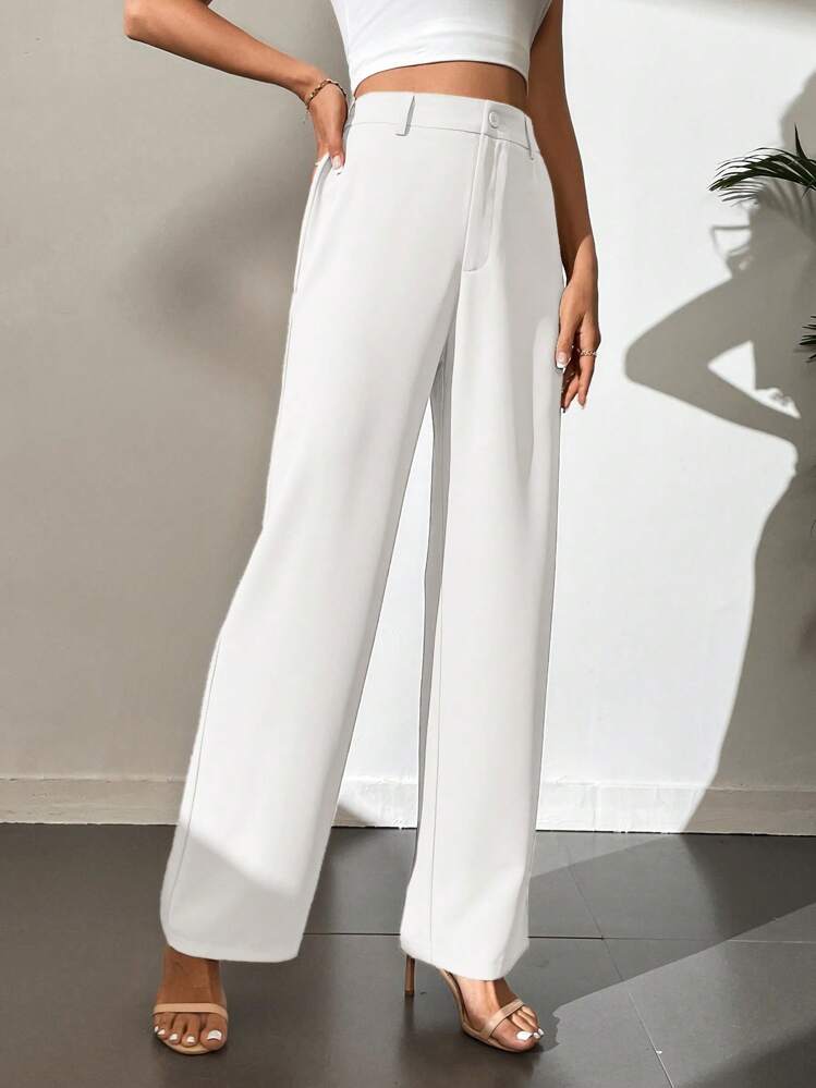 SHEIN Tall Solid High Waist Wide Leg Pants - White - View 4