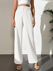 SHEIN Tall Solid High Waist Wide Leg Trousers - White - View 5