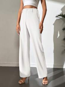 SHEIN Tall Solid High Waist Wide Leg Trousers - White - View 6