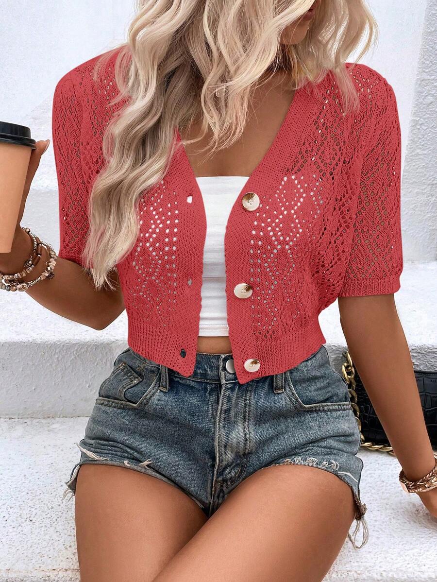 SHEIN Privé 前紐扣網眼針織短款開衫 - 西瓜粉 - 查看 1