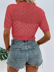 SHEIN Privé 前紐扣網眼針織短款開衫 - 西瓜粉 - 查看 2