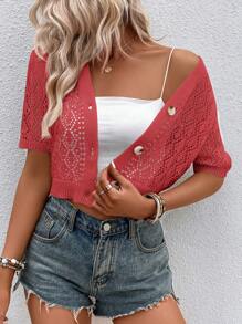 SHEIN Privé 前紐扣網眼針織短款開衫 - 西瓜粉 - 查看 3