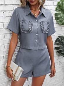 SHEIN LUNE Frill Trim Pocket Patched Shirt & Shorts - Dusty Blue - View 4