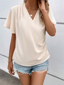 SHEIN LUNE Solid Surplice Neck Butterfly Sleeve Blouse - Apricot - View 3