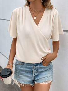SHEIN LUNE Solid Surplice Neck Butterfly Sleeve Blouse - Apricot - View 5
