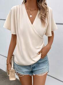 SHEIN LUNE Solid Surplice Neck Butterfly Sleeve Blouse - Apricot - View 6