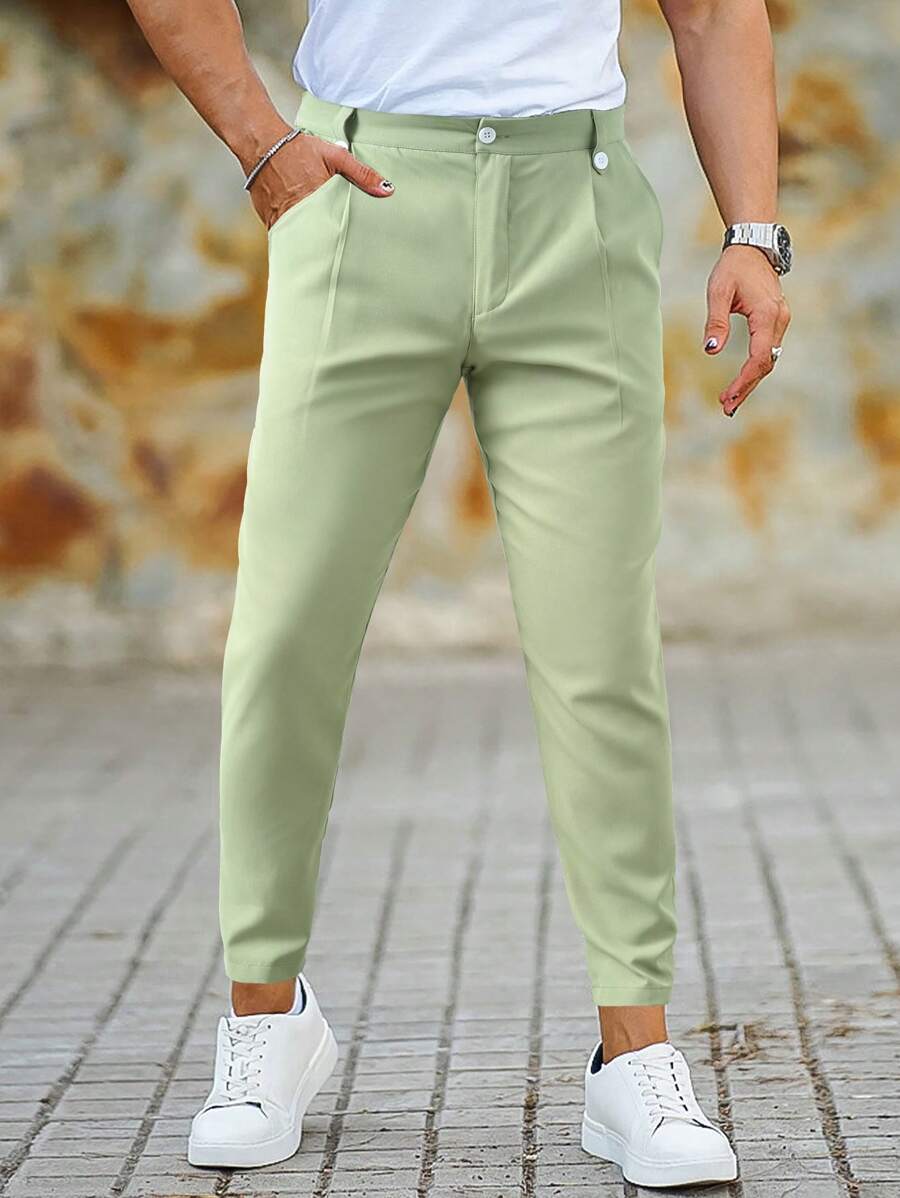 Manfinity Hypemode 男士褶皺細節斜口袋西裝褲 - 薄荷綠 - 查看 1