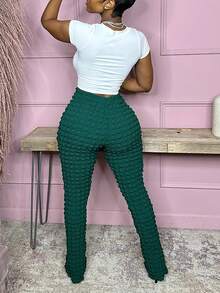 夏季街头纯色常规裤，弹力腰带蕾丝拼接长喇叭裤，女款 - 墨綠色 - 查看 4