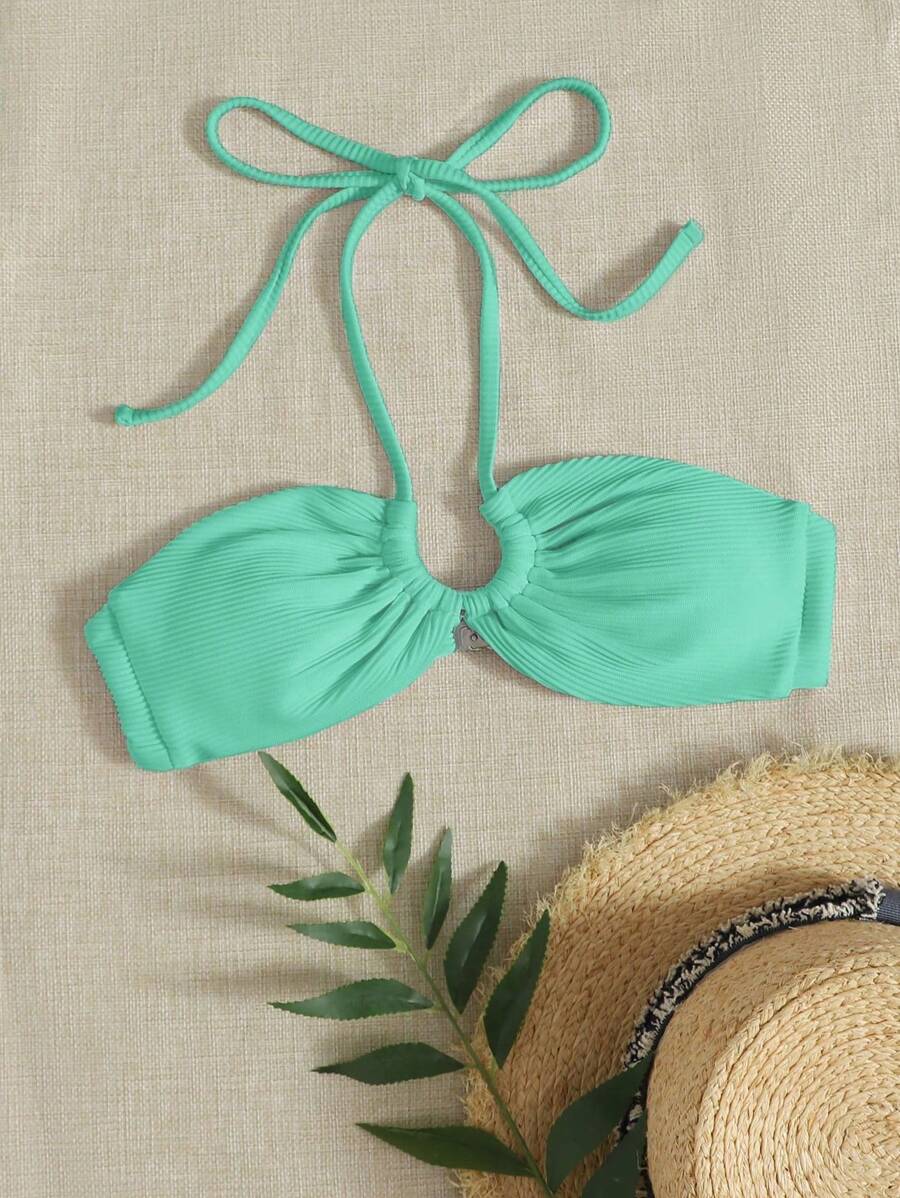 SHEIN Swim Ring Linked Halter Bikini Top - Mint Green - View 1