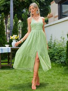 Simplee 荷葉邊蕾絲吊帶禮服裙 - 綠色 - 查看 1
