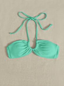SHEIN Swim Ring Linked Halter Bikini Top - Mint Green - View 4